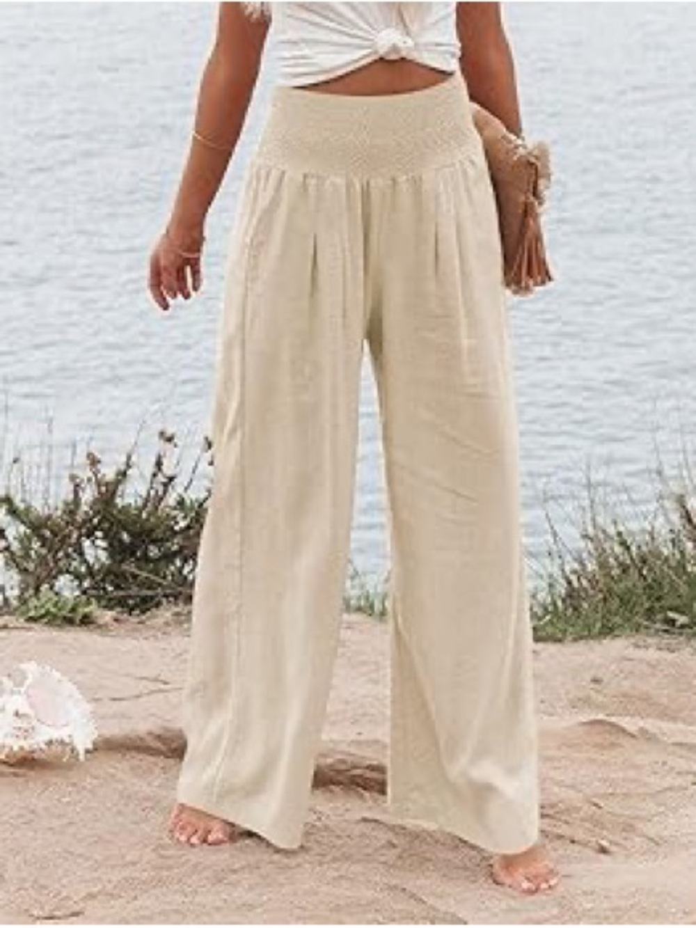 Angel Kiss Cream Wide-Leg Smocked Waist Pants